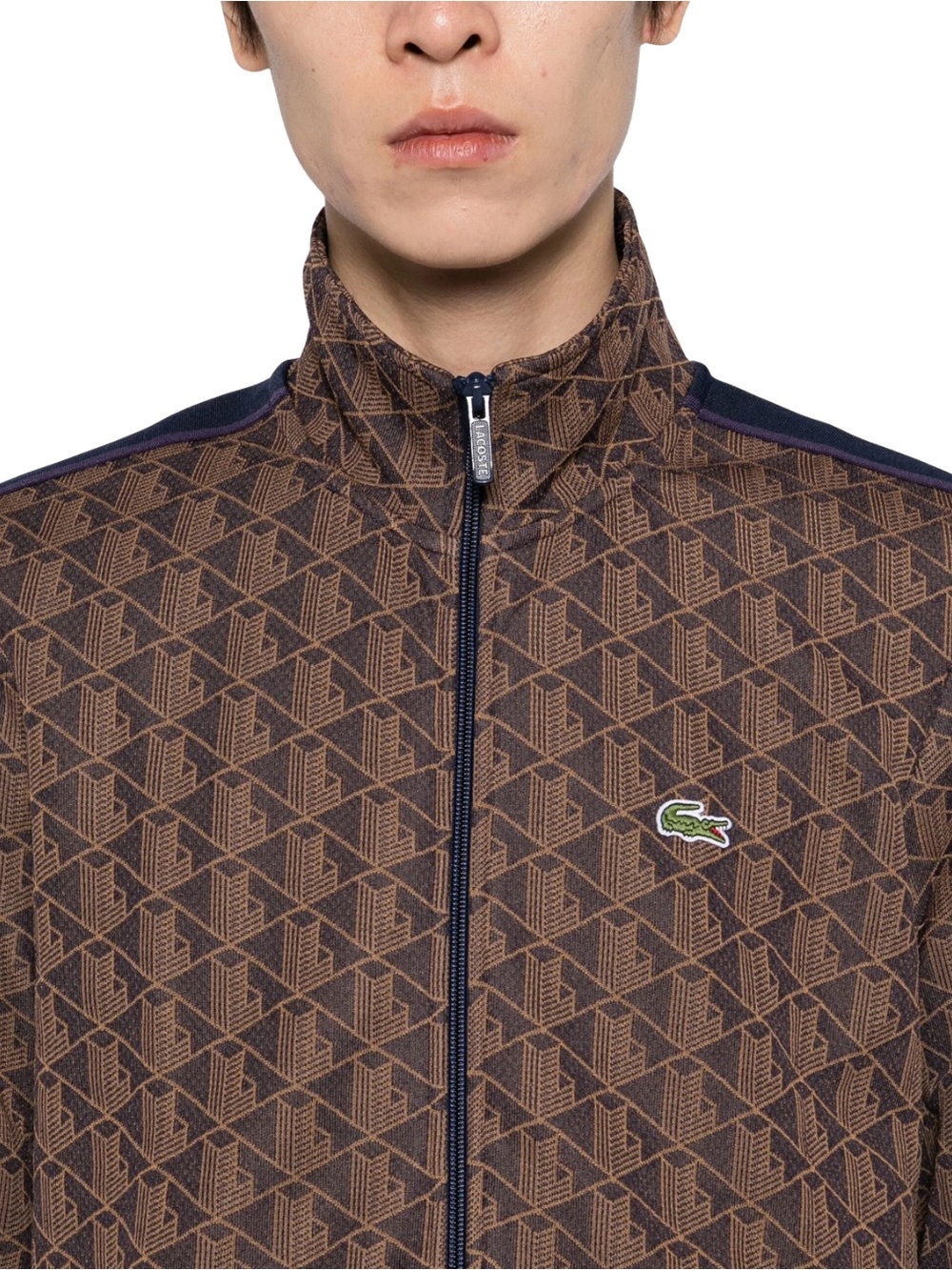 NWT Men’s Lacoste Paris Monogram Brown Zip-Front Bomber Jacket with Navy Trim